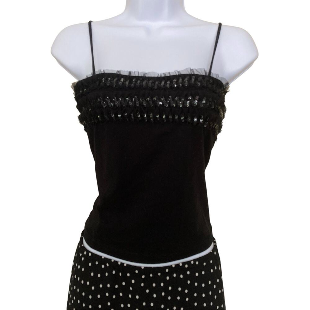 Vintage 90s Y2k Black Square Neck Girly Mesh Ruffle Sequin Cropped Cami S/M